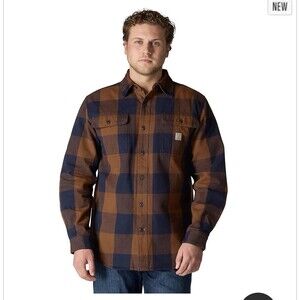 Carhartt Mens Flannel Long Sleeve Plaid Shirt Brown Loose Fit Medium M NWT $49